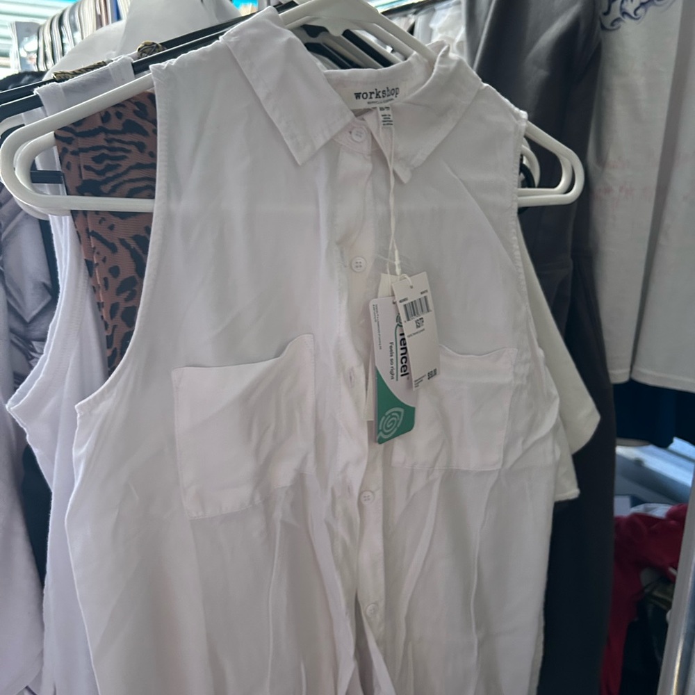 White Sleeveless Button-Up Shirt by Workshop